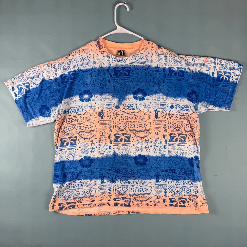 Vintage 80s 90s Mens One Size Crazy Beach Surf AOP Single Stitch Shirt Made USA